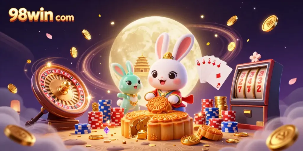 Immerse yourself in 98win com's winning casino scene with moon rabbits and dynamic gaming elements.
