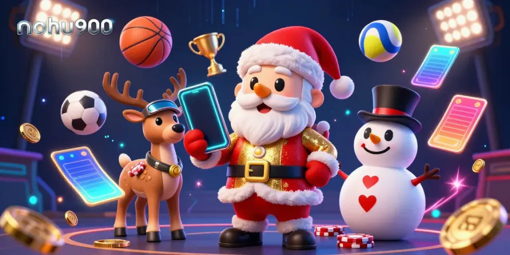 Experience big wins at nohu900 with Santa, reindeer, and snowman in a vibrant casino scene.