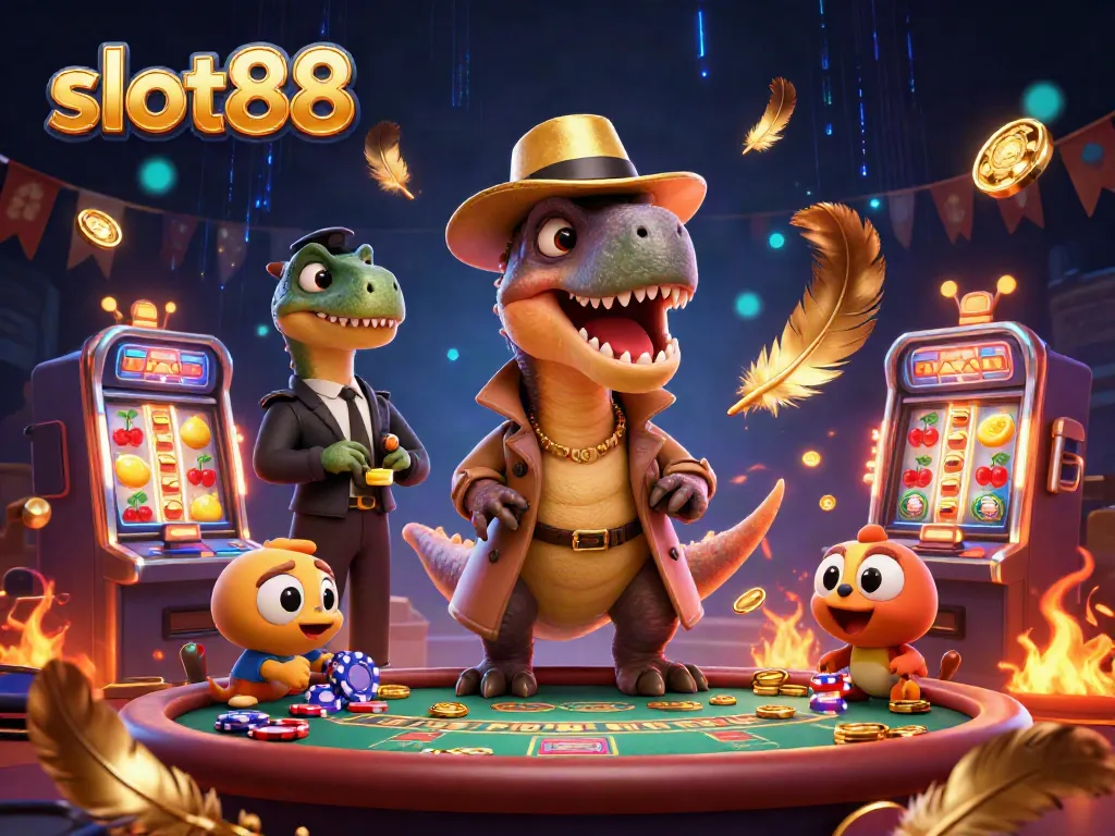 Watch slot88 come alive with a velociraptor, stegosaurus, and pickpocket in this thrilling casino illustration.