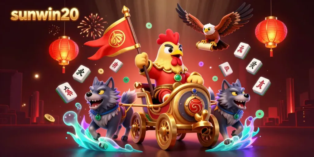 Engage with sunwin20's vibrant casino scene featuring a rooster warlord, mahjong tiles, and golden decorations.