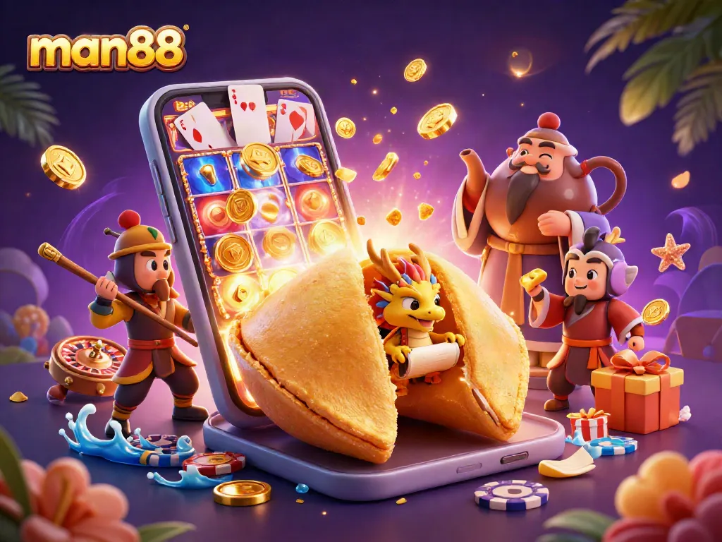 Engage with man88's thrilling slot games, featuring a golden fortune cookie and vibrant game elements.