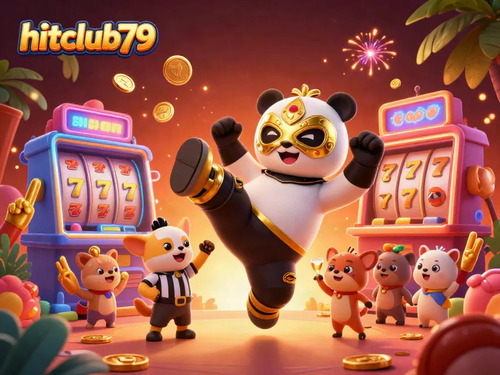 Engage in vibrant action at hitclub79 with a dynamic scene featuring a panda wrestler, a counting chihuahua referee, and a cheering crowd of animals at a casino.