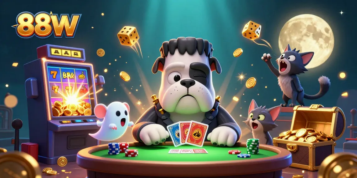 88VV gambling scene with a Frankenstein bulldog dealing cards, ghost mice, and werewolf kitten in an energetic casino setting.