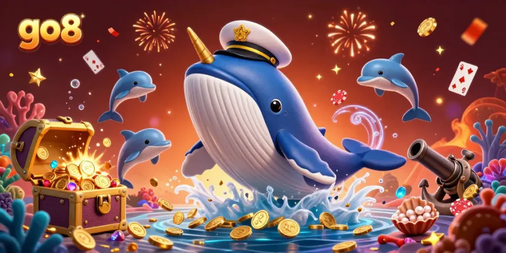 Experience the excitement of go8 with a vibrant underwater scene featuring a whale, narwhal, and dolphins playing with poker chips.