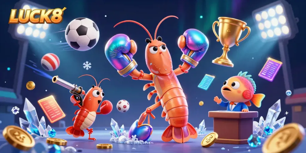 Experience the thrilling LUCK8 casino atmosphere with dynamic characters and vibrant game elements.