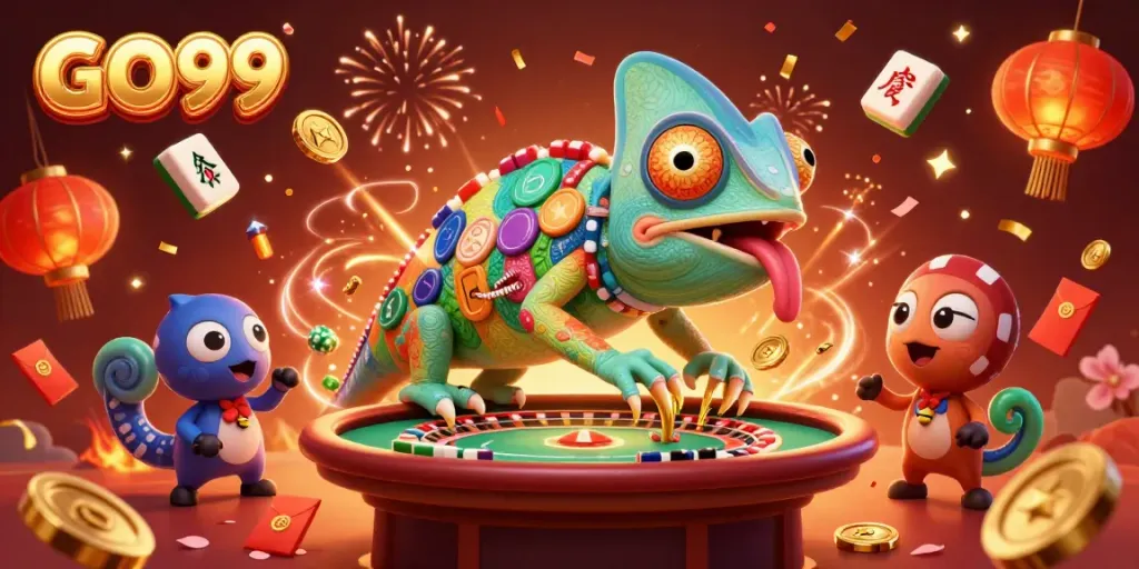 Experience excitement at GO99 with a vibrant scene featuring a chameleon casino owner amidst dazzling game elements.