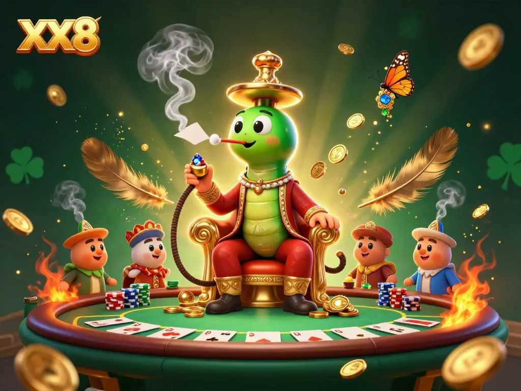 Experience the XX8 magic with a vibrant casino scene featuring poker hands and gold coins.