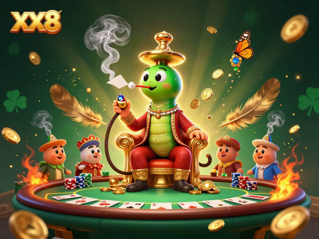 Experience the XX8 magic with a vibrant casino scene featuring poker hands and gold coins.
