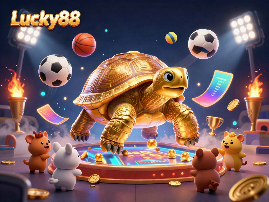 Engage with Lucky88's thrilling golden tortoise pinball machine illustration showcasing sports betting excitement.