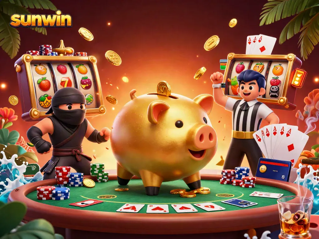 Compete at sunwin with a lively 3D casino scene featuring a golden piggy bank sumo wrestler, wallet-ninja opponent, and credit-card samurai referee.