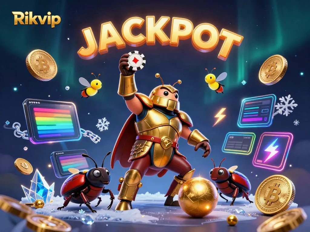 Experience the excitement of Rikvip with a victorious beetle in golden armor, surrounded by dynamic casino elements.