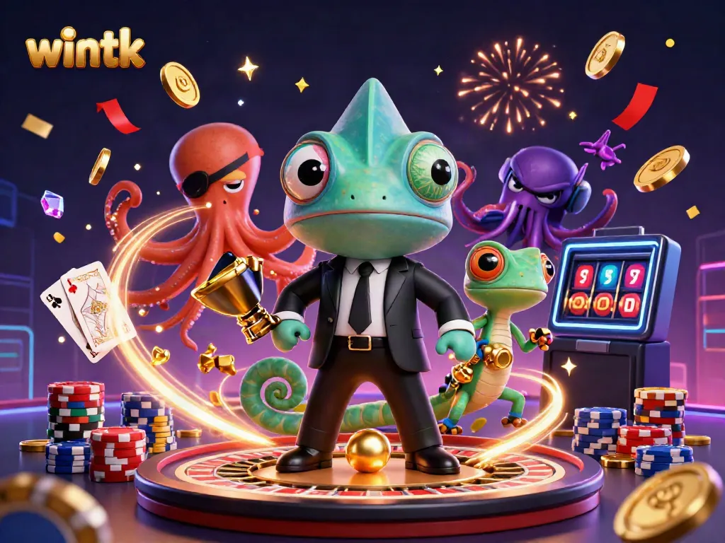Experience thrilling gaming with wintk's vibrant characters and casino elements in an exciting 3D illustration.