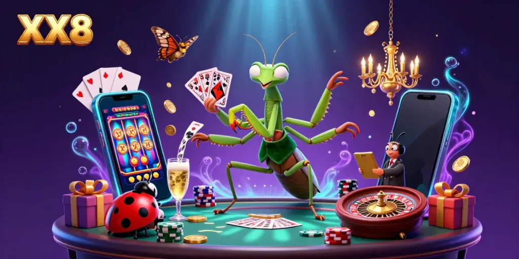 Enjoy thrilling gameplay with the XX8 giant mantis card sharp, shuffling chips and pouring drinks in a vibrant casino scene.