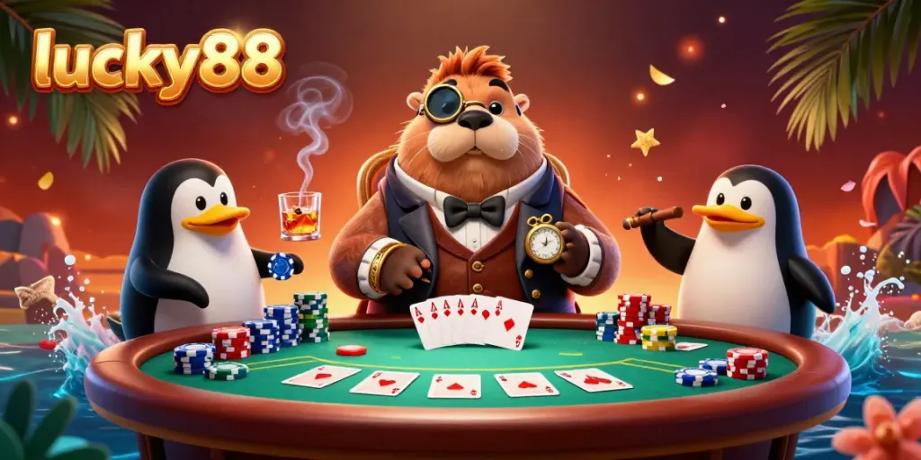 Experience the excitement of lucky88 at an underwater poker table featuring a jolly walrus and friends.