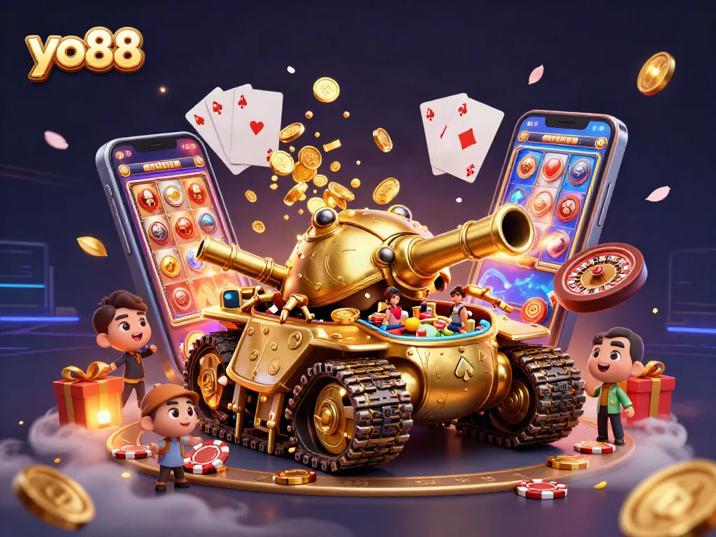 Play exciting casino games with yo88 in a vibrant 3D illustration featuring a golden beetle tank and slot machines.