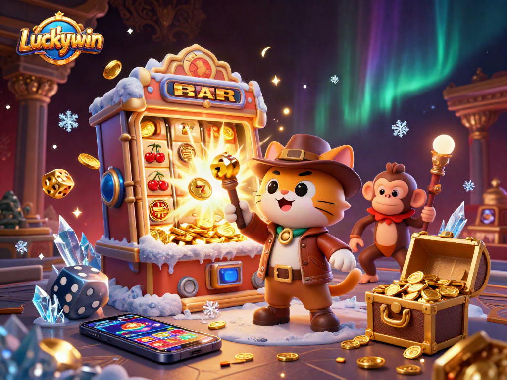 Join the Luckywin adventure where the cat explorer hunts for golden casino artifacts surrounded by vibrant slot machines and treasures.