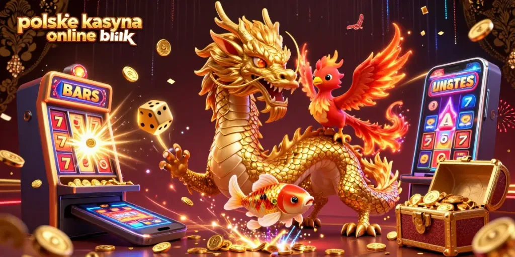 Engage with polskie kasyna online blik through an energetic 3D casino illustration featuring a dragon and vibrant gaming elements.