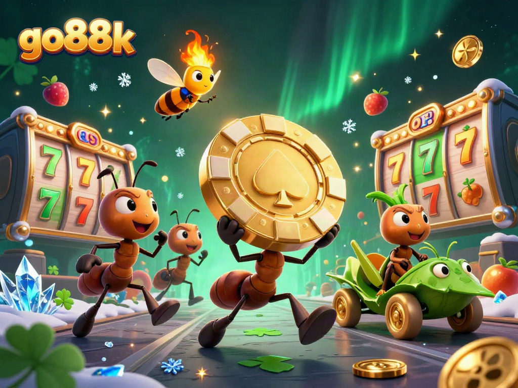 Engage with go88k's dynamic heist scene featuring ants, golden poker chips, and vibrant slots.