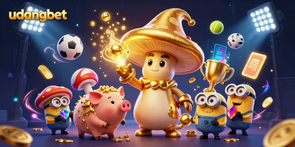 Experience udangbet's magical world through a vibrant 3D illustration depicting a golden wizard and sports elements.
