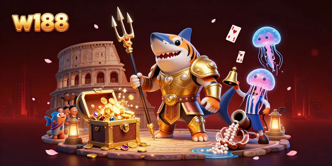 Experience the excitement of w188 with a vibrant underwater scene featuring a golden armored shark, treasure, and playful fish.