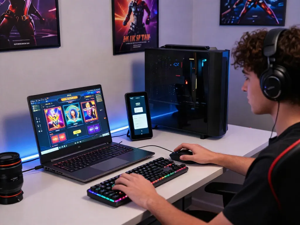 Player enjoying link slot gacor on a laptop, surrounded by gaming gear and vibrant LED lights.