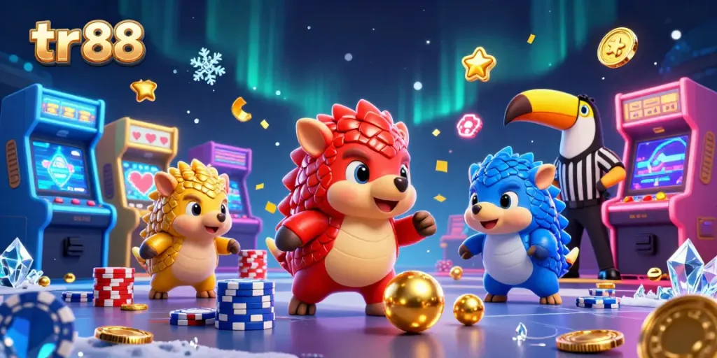 tr 88 pangolins compete in a dynamic casino scene filled with poker chips and arcade games