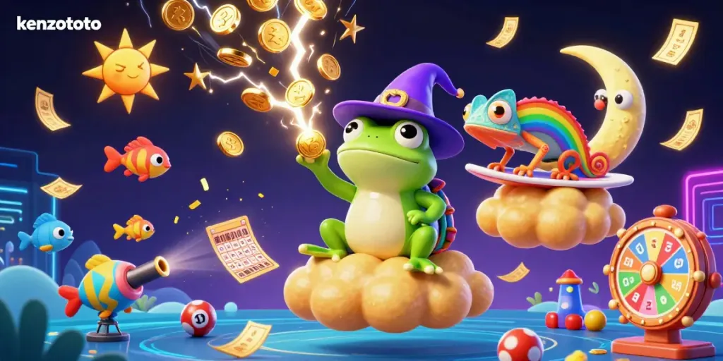 Experience kenzototo's excitement as a frog conjures coins and fish, crafting a dazzling gaming scene.