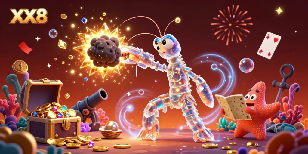 Engage in the vibrant world of XX8 with a galactic mantis shrimp and starfish amid underwater treasures and casino excitement.