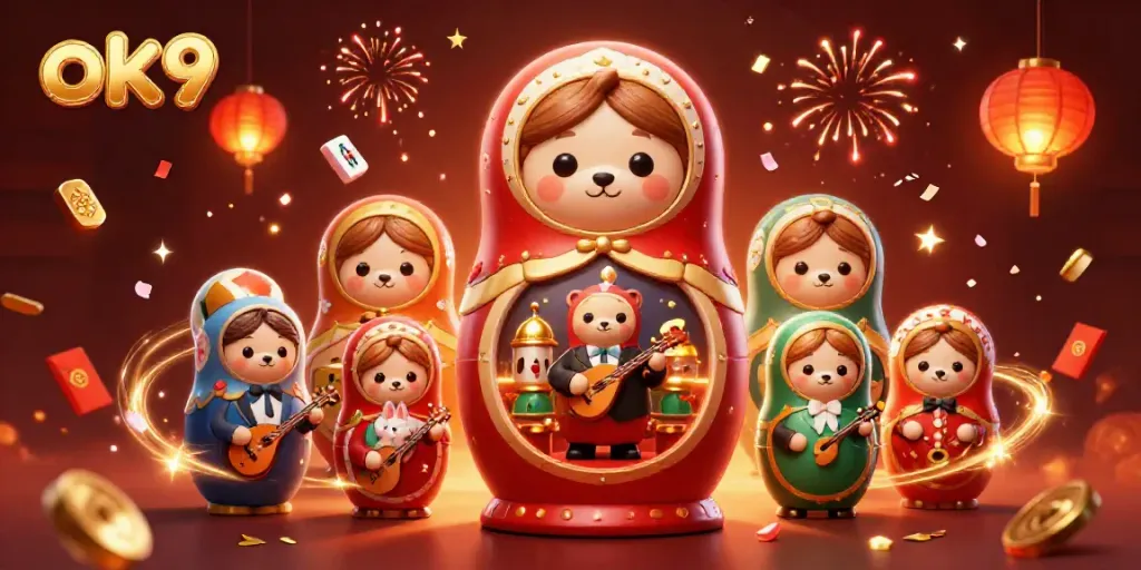 Engage with the vibrant energy of ok9 through this lively 3D illustration depicting a celebration-themed casino scene.