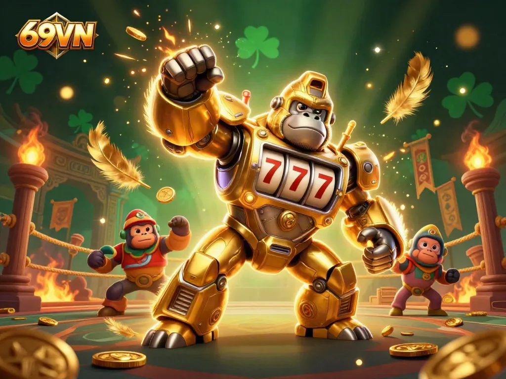 Experience the thrill of casino action with 69VN's dynamic gaming atmosphere, featuring a golden gorilla mech.