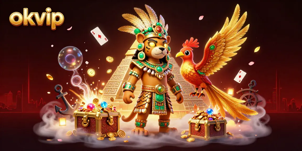 Engage with the dynamic action of okvip at a vibrant casino, showcasing gaming elements and animated characters.