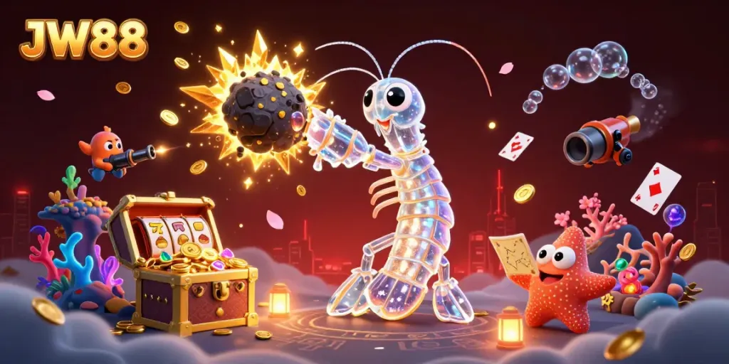 Experience the thrilling atmosphere of JW88 with a galactic mantis shrimp bursting through gold and gems amidst vibrant casino elements.