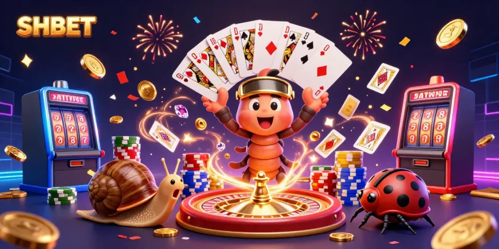 Experience thrilling gameplay at SHBET with a cartoon dealer and high-roller amidst coins and excitement.