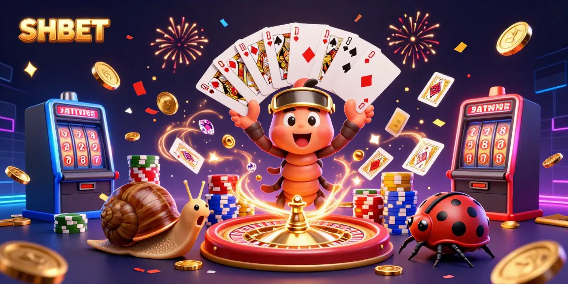 Experience thrilling gameplay at SHBET with a cartoon dealer and high-roller amidst coins and excitement.