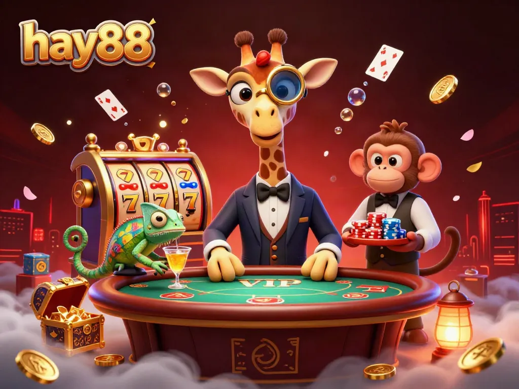 Experience the thrill of hay88 with a giraffe high-roller at a luxurious poker table amidst gold coins and vibrant casino elements.
