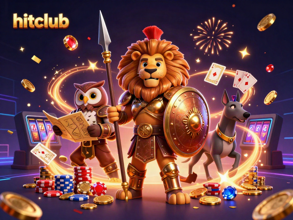 Experience the excitement with Hitclub's gaming scene featuring a Spartan lion, owl strategist, and greyhound messenger.