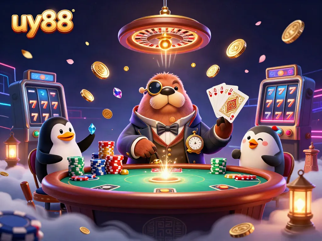 Experience the excitement of uy88 at an underwater poker game with a walrus and friends.