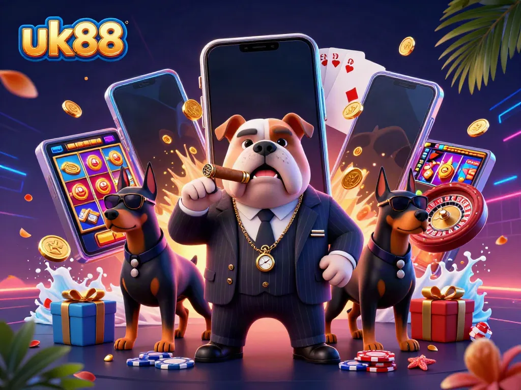 Experience the excitement of winning at uk88 with a dynamic casino scene featuring a mafia bulldog and games.