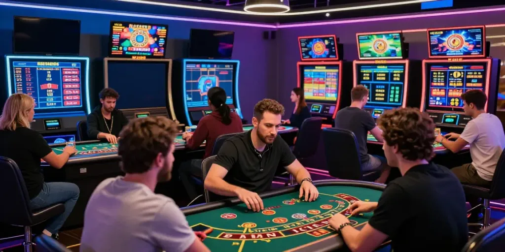 Dynamic online gaming scene at https://man881.jp.net/ with players engaged in Baccarat and sports betting.