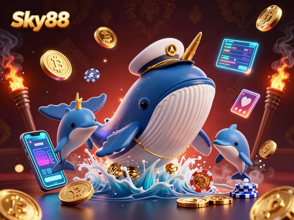 Sky88 captivates players in a vibrant 3D scene filled with gold coins and playful dolphin tricks.
