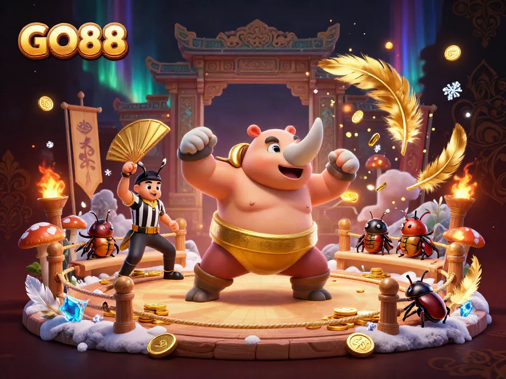 GO88 game-themed illustration with a rhinoceros beetle champion and golden coins flying.