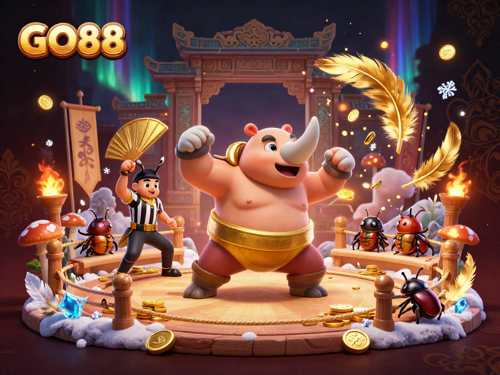 GO88 game-themed illustration with a rhinoceros beetle champion and golden coins flying.