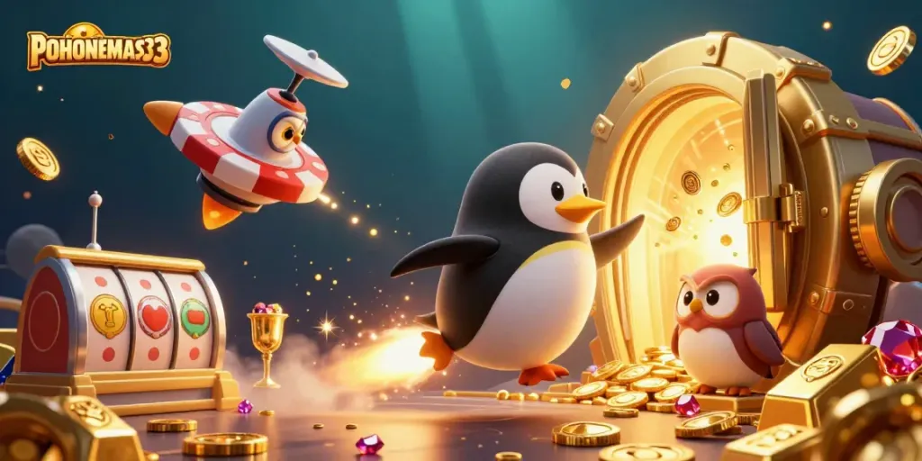 Gambarkan permainan kemenangan di POHONEMAS33 dengan simbol slot emas yang memukau dan koin berkilauan.