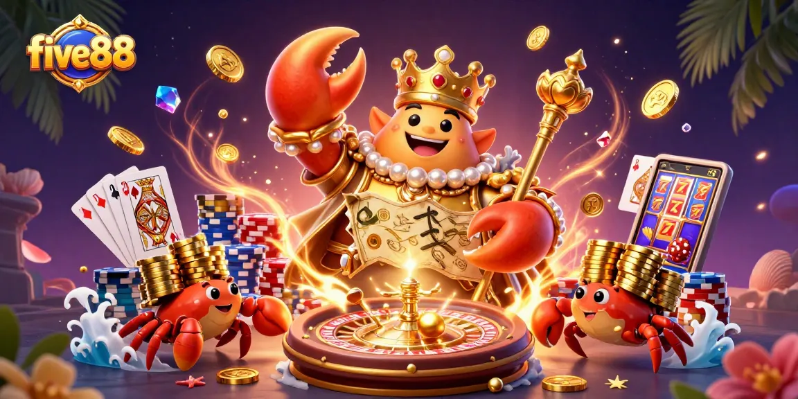 Experience the excitement of five88 casino with a golden crab emperor, treasure maps, and festive gambling elements.
