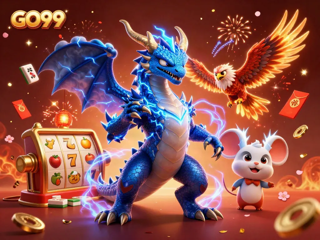 Experience the thrill of GO99 with vibrant 3D casino elements featuring dynamic characters and rich decorations.