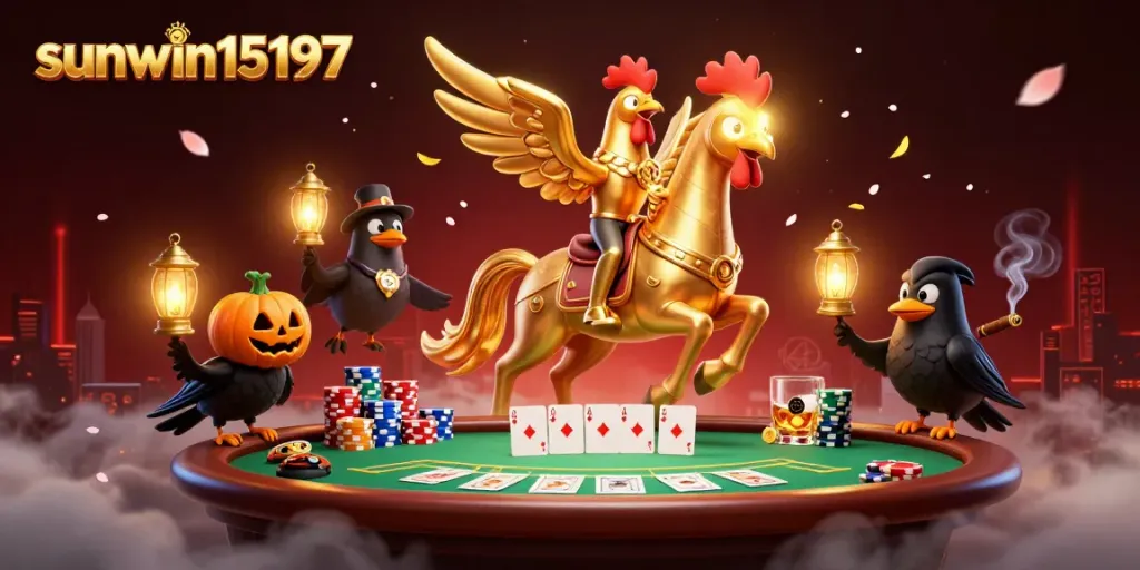Experience thrilling poker action at sunwin15197 with a golden rooster character amid casino elements.