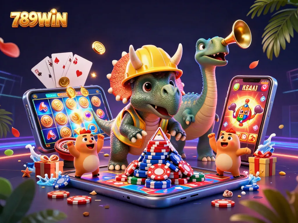 Experience the thrill of 789WIN with vibrant gaming elements and celebratory characters in a dynamic casino setting.