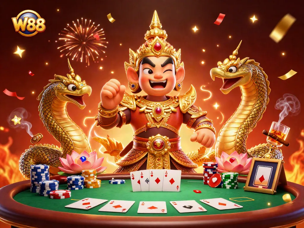 Join the excitement at W88 with a vibrant poker scene featuring stunning characters and rich game elements.