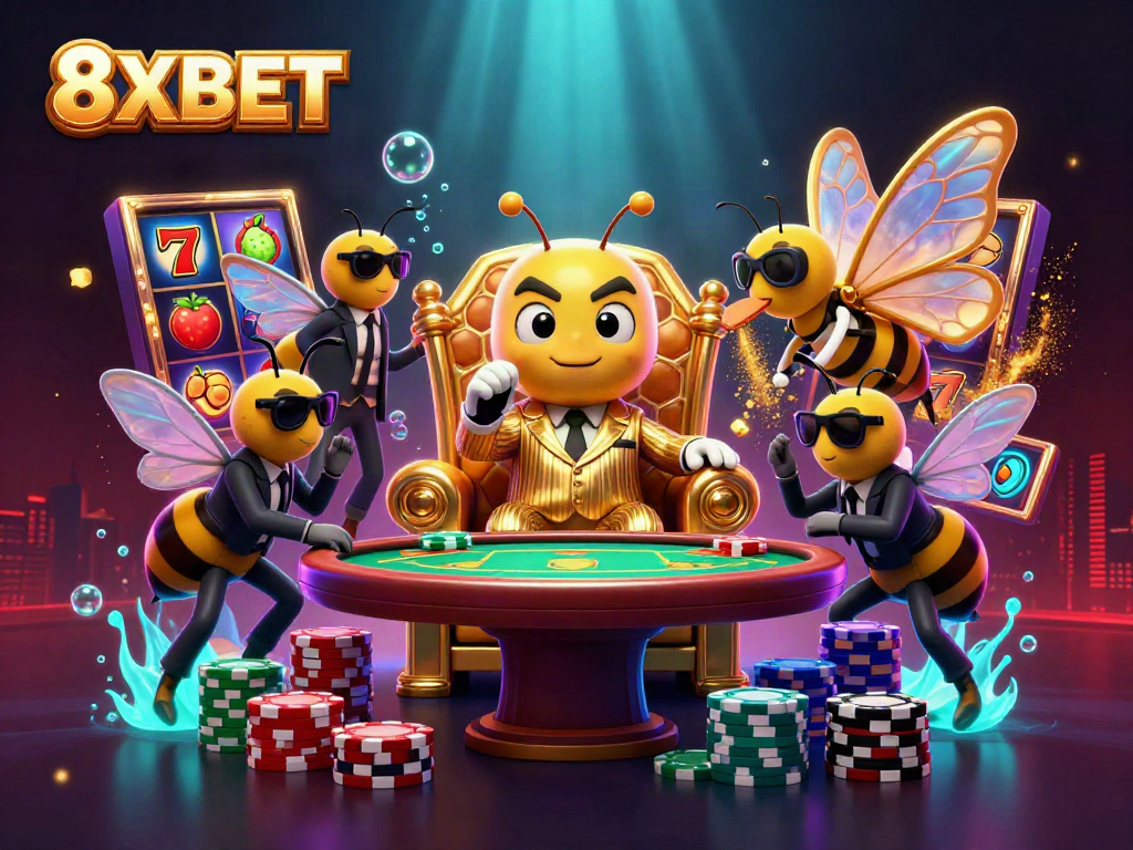 Experience the thrill of 8XBET with a vibrant 3D casino scene featuring a bumblebee mob boss and slot games.