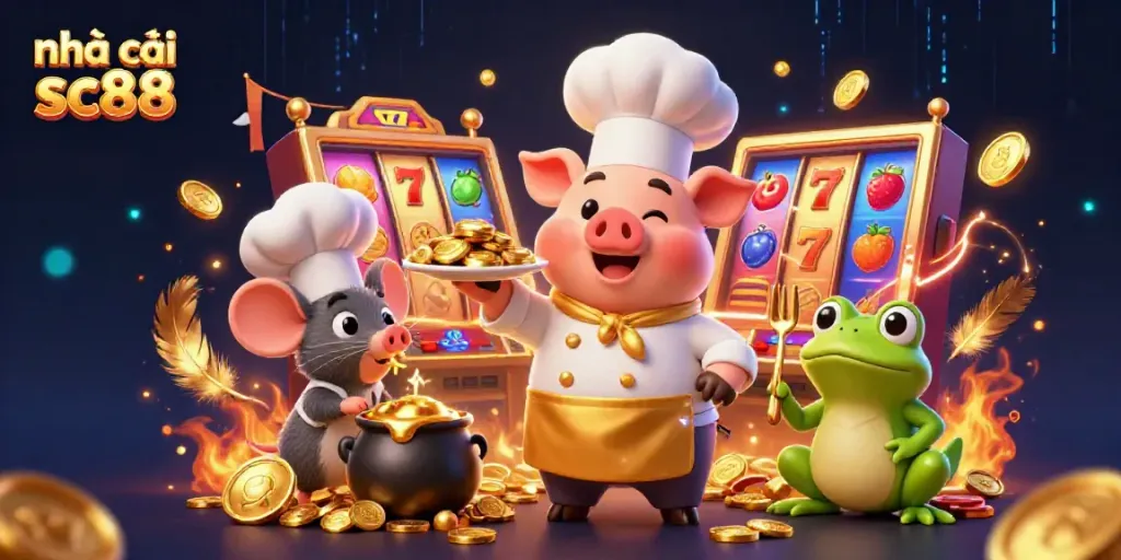 Engaging scene featuring the nhà cái sc88 chef pig serving gold coins, symbolizing a vibrant casino atmosphere.
